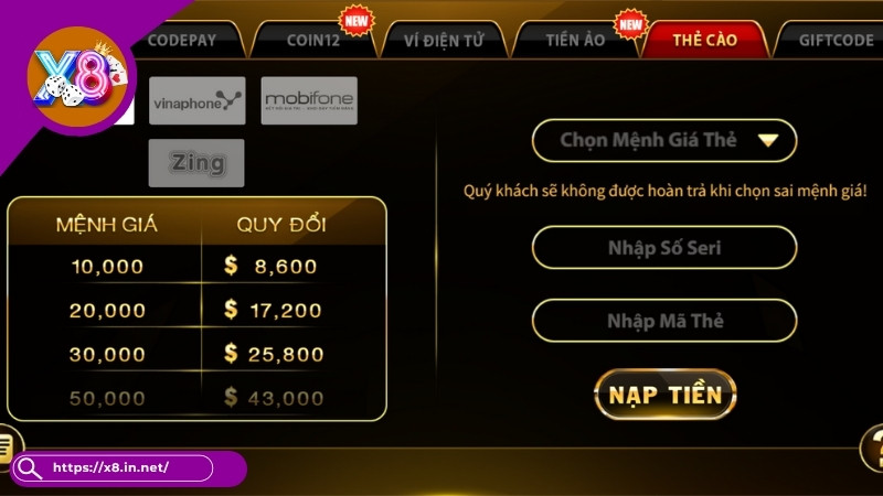 Nạp tiền X8 bằng Thẻ cào điện thoại Nạp tiền X8 bằng Thẻ cào điện thoại