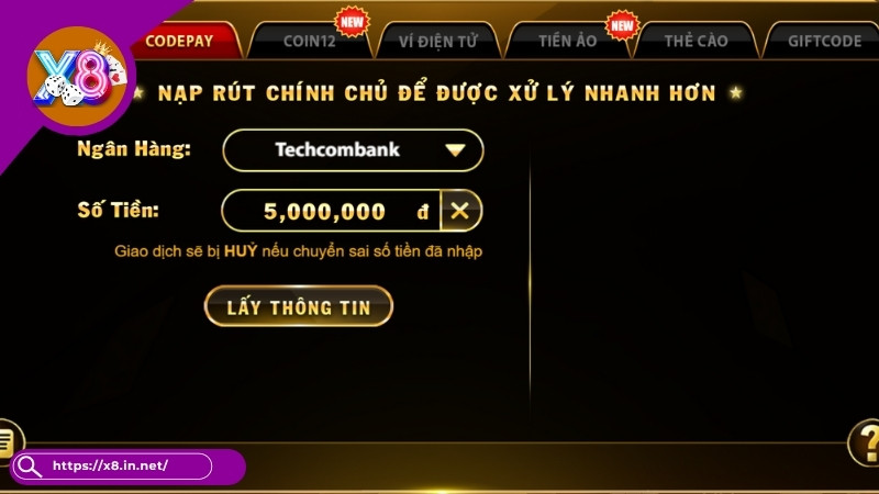 Nạp tiền X8 nhanh qua code pay Nạp tiền X8 nhanh qua code pay