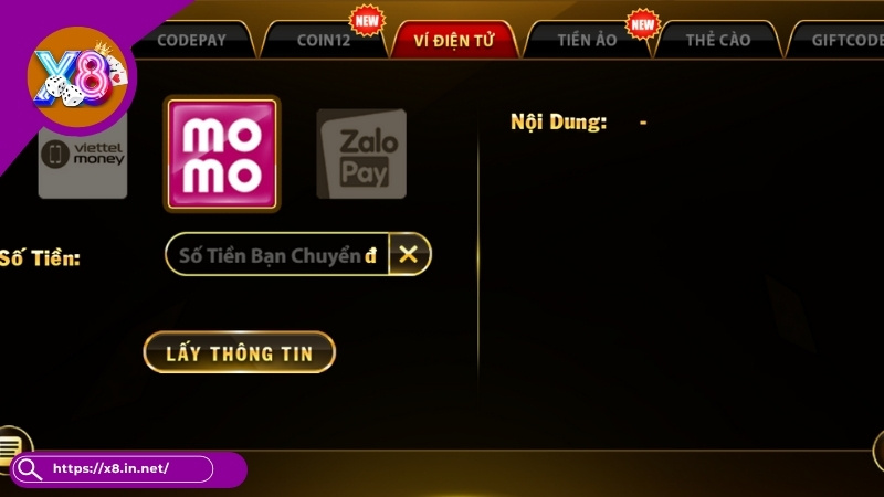 Nạp tiền X8 qua Ví điện tử Nạp tiền X8 qua Ví điện tử