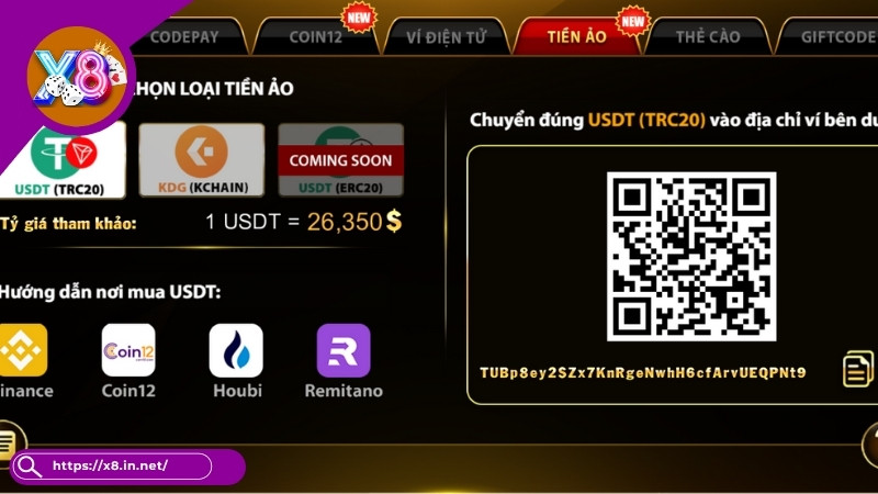 Nạp tiền X8 qua Ví tiền ảo Nạp tiền X8 qua Ví tiền ảo