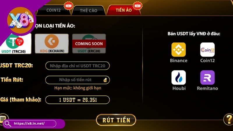 Rút tiền X8 qua ví tiền ảo Rút tiền X8 qua ví tiền ảo